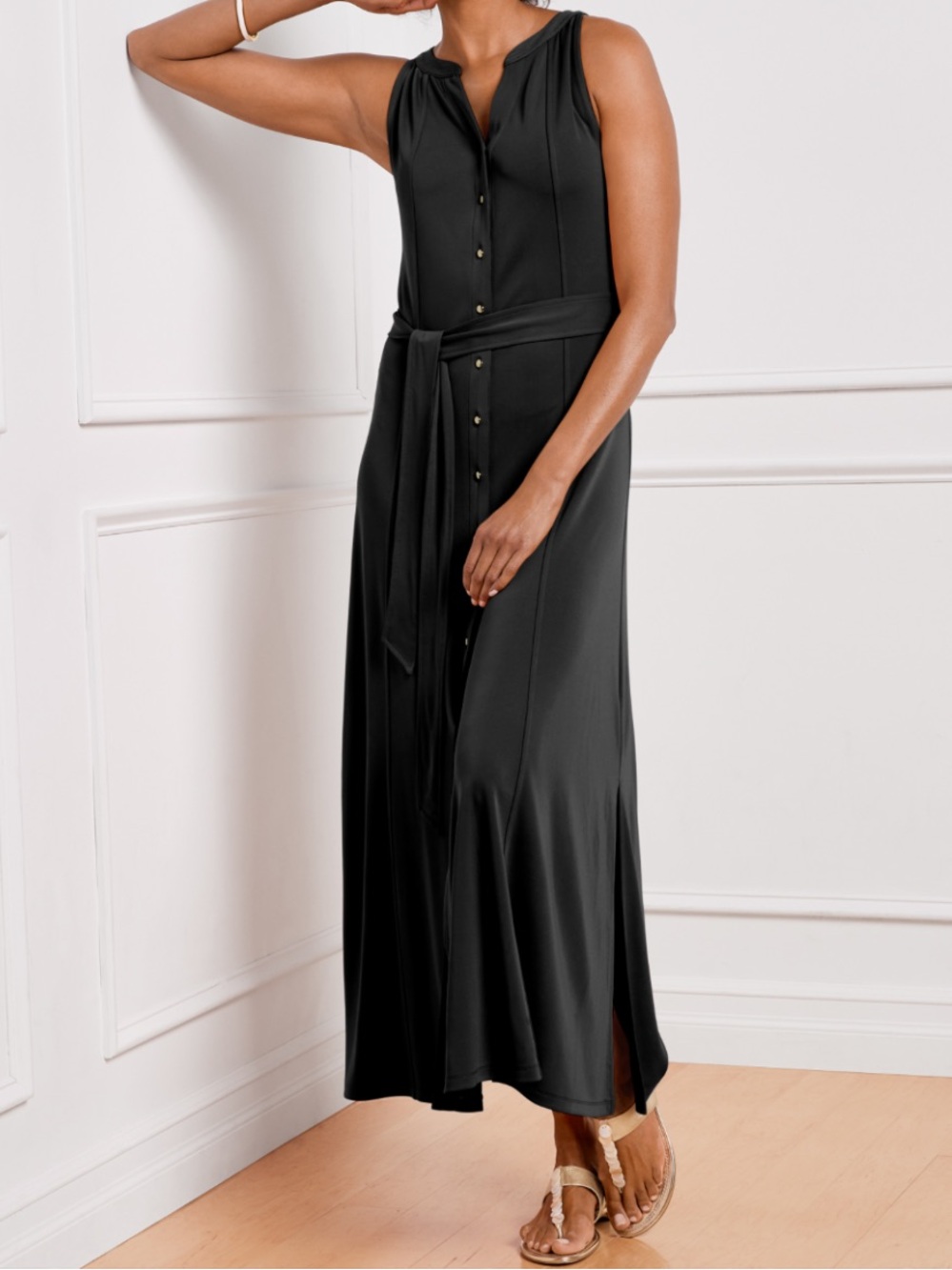 Talbots M Maxi Dress Sleeveless Black Jersey ShirtDress Waist Tie Classic Boho